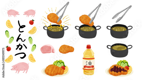 とんかつ　盛り付け・揚げ物鍋セット　水彩風手描きベクターイラスト
