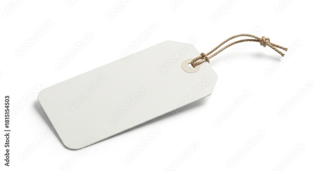Fototapeta premium Isolated blank white paper tag with natural twine string, ideal for pricing, labeling, or a personalized gift message, offering generous copy space on a minimalist background