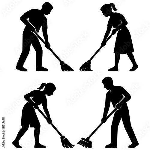 4 Illustrations of people sweeping, black, transparent background
