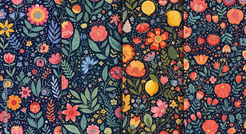 Vibrant Folk Art Floral Pattern Set | Dense Botanical Embroidery Style Backgrounds