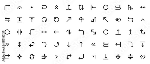 Arrow icon set. Vector arrows collection. Minimal lie icons pack. Includes symols for turn right, left arow, up arrow, download, uload, undo, redo, directioal arrows, chevron, resizeand more.