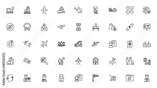 Airport icon set. Travel vector icons pack. Includessymbols for flight, baggag, passport, security, chec-in, lounge, pilot and mor. Editable stroke.