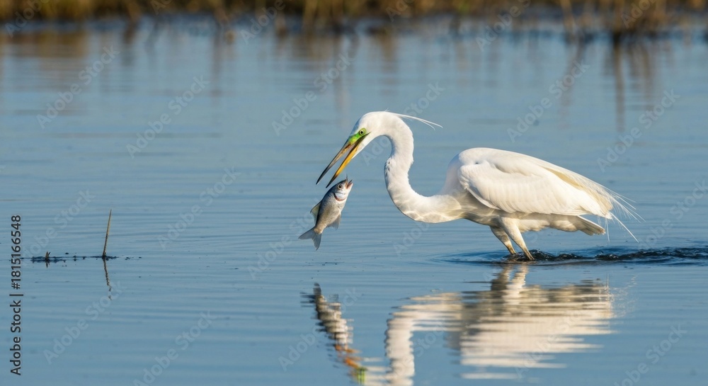 Obraz premium White bird catches fish in water, sunny day