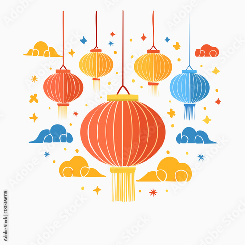 Colorful Hanging Lanterns with Decorative Clouds and Stars.