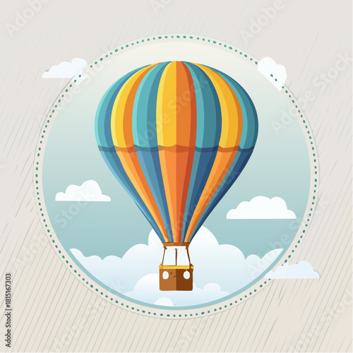 Colorful Hot Air Balloon with Striped Pattern and Brown Basket Illustration.
