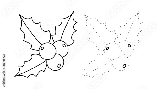 Christmas Holly Berry coloring pages for kids. Trace and color Christmas Holly Berry. Leaves of mistletoe with berries coloring page worksheets printable for kids.