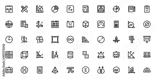 Maths icon set. Vector illustration. Includes symbol for geometry, algebra, caculator, graph, trigonomety, statistics, abacus, cub, sphere and more.
