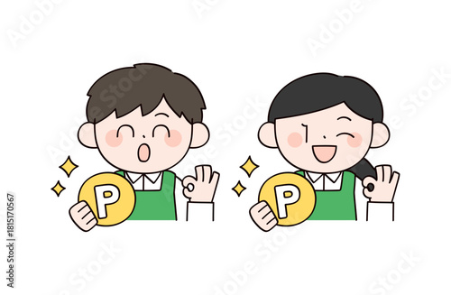 ポイントとスーパーの店員イメージの男女イラスト