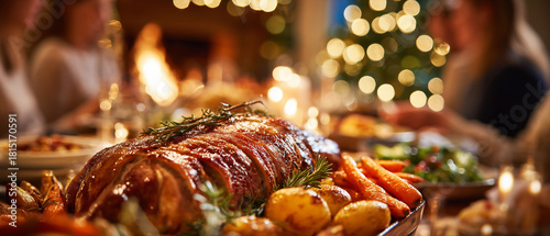 Traditional Christmas Feast: Glazed Roast and Cozy Family Gathering