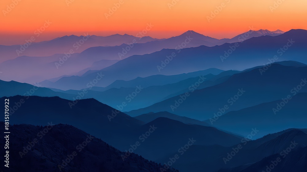 Obraz premium Digitally Rendered Mountain Range Silhouettes Under A Warm Orange Sunset Sky