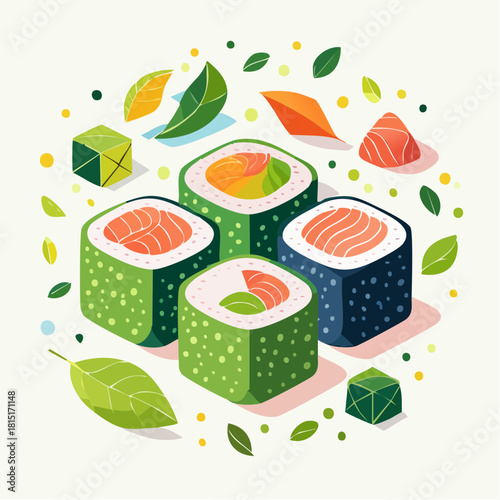 Colorful Stylized Sushi Rolls with Salmon and Vegetables.