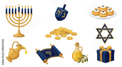 A festive collection of traditional symbols and icons for the Jewish holiday of Hanukkah, including a menorah, dreidel, and gelt