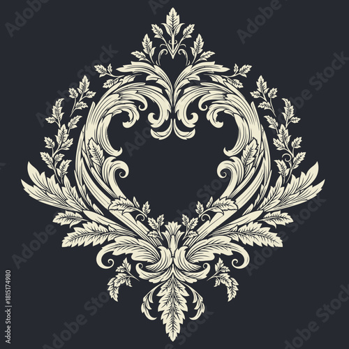 Elegant Floral Damask Swirls Ornament - Vintage Design Element with Decorative Leaves and Filigree