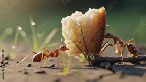 Two determined worker ants collaborate carrying a giant piece of porous bread across the grainy soil demonstrating teamwork and immense strength