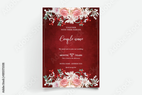 WEDDING INVITATION FRAME WITH FLOWER DECORATIONS AND FRESH LEAVES