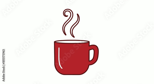 A simple illustration of a red mug filled with a hot beverage, with steam rising from the top, on a plain white background.