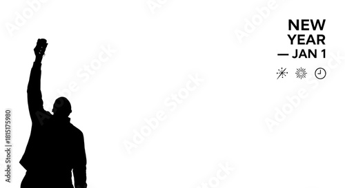 Silhouette of a person with a raised fist on a white background celebrating New Year's Day on January 1st.