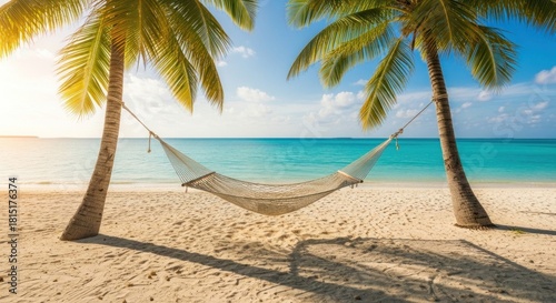Hammock between palms on a sunny tropical beach with turquoise sea