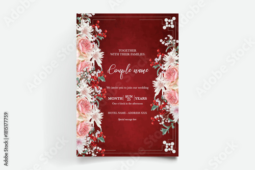 WEDDING INVITATION FRAME WITH FLOWER DECORATIONS AND FRESH LEAVES