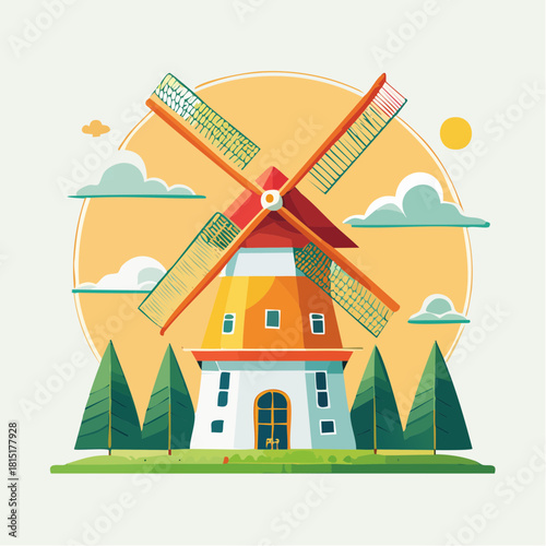 Colorful Windmill Illustration with Trees and Sky.