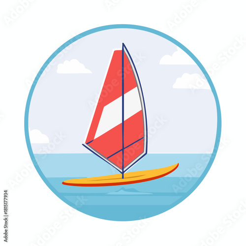 Colorful Windsurfer Sailing on Water Vector Illustration.