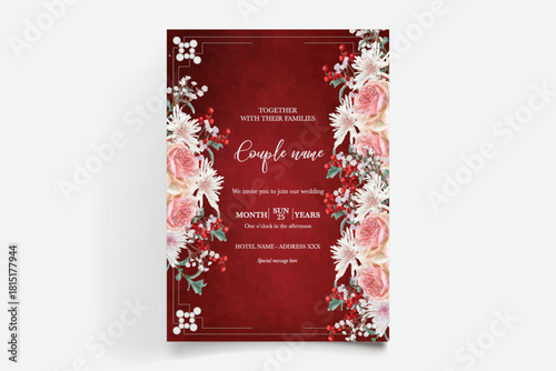 WEDDING INVITATION FRAME WITH FLOWER DECORATIONS AND FRESH LEAVES