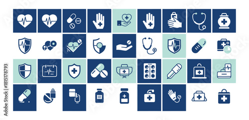 Collection of medical and healthcare icons on a blue and white background