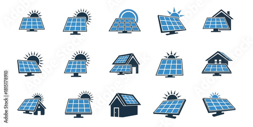 Collection of solar panel icons for renewable energy and sustainability concepts