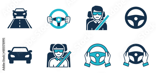 Collection of icons representing driving autonomous vehicles and virtual reality experiences