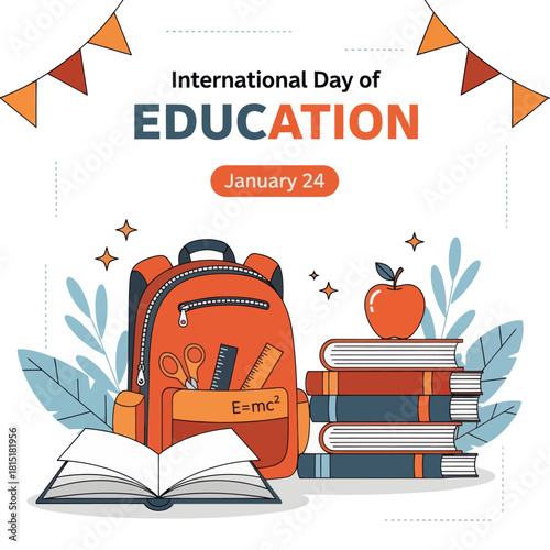 Illustration of International Day of Education featuring a backpack, books, open notebook, and learning elements, symbolizing knowledge, study, and global education awareness.