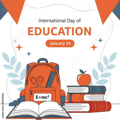 Illustration of International Day of Education featuring a backpack, books, open notebook, and learning elements, symbolizing knowledge, study, and global education awareness.