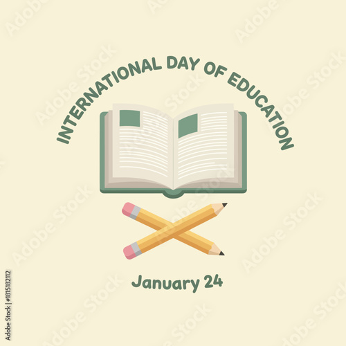 Minimalist illustration of an open book and crossed pencils celebrating the International Day of Education on January 24. Perfect for learning, school, knowledge, and academic-themed microstock conten