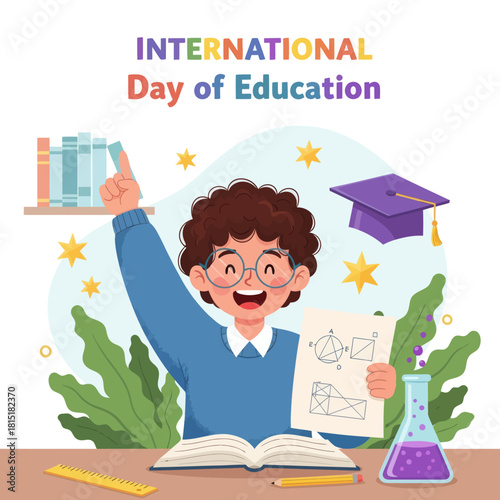 Cute student holding geometry sheet and studying science for International Day of Education. Colorful school elements, books, tools, and learning symbols for academic and educational themes.