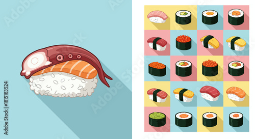 A vibrant vector illustration presents a delicious sushi assortment, showcasing traditional Japanese cuisine with rice, fish, and seaweed in a modern style.
