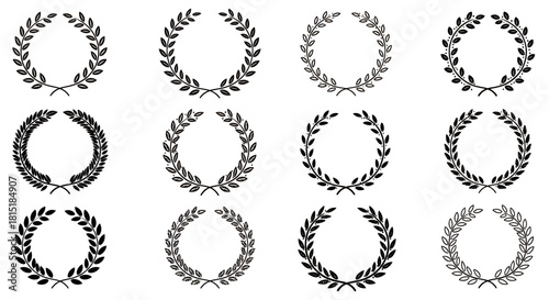 A collection of twelve vector laurel wreaths, each with a unique design, perfect for awards, invitations, or decorative design elements on a white background.