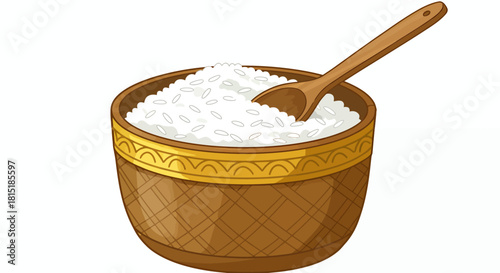 A charming cartoon illustration features a rustic wooden bowl overflowing with fluffy white rice, accompanied by a simple wooden spoon, perfect for culinary designs.