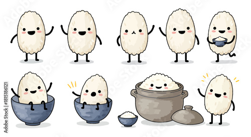 A charming collection of cute, smiling rice grain characters, presented as playful vector illustrations in various poses and bowls, isolated on a clean white background.