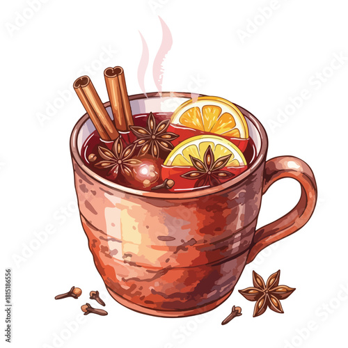 A copper mug filled with steaming mulled wine, garnished with orange slices and spices, against a clean white background for a Christmas-themed food illustration.