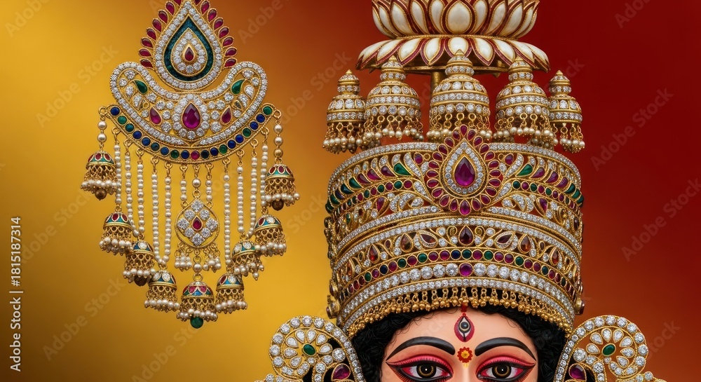 Naklejka premium Intricate Gold Ornaments and Divine Imagery Displayed on Festive Backdrop