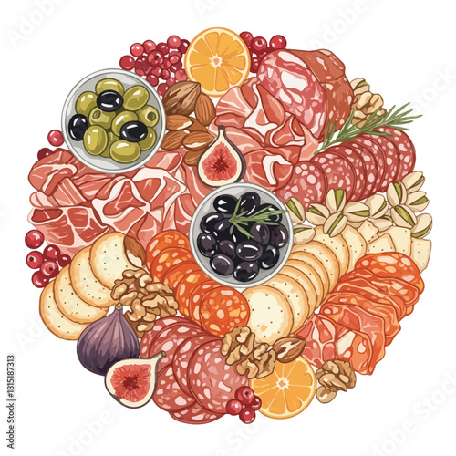 A festive Christmas-themed charcuterie board with assorted meats, cheeses, fruits, nuts, and chocolates on a clean white background, featuring cookies and a cake.