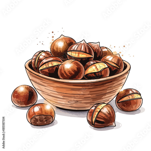 Illustration of a wooden bowl filled with chocolate truffles and cookies on a white background with festive Christmas theme.