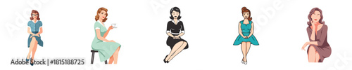 Relaxed Coffee Break Woman Vector Set with 1950s Sitting Style and Glasses