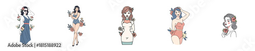 Summer Swimwear Pin Up Girl Vector Set with Floral Retro Fashion and Sunglasses