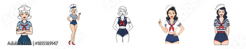 Confident Striped Sailor Vector Set with Pin Up Girl and Pointing Gesture