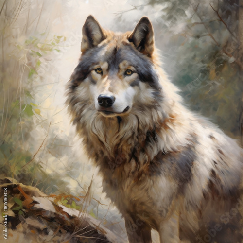 Painting of a grey wolf. Wolf portrait in autumn forest.