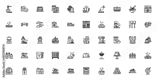 Bakery icon set. Minimal vector icons pack. Includessymbols for bread, cake, oen, whisk, muffin, croissat, chef and more. Editablestroke.