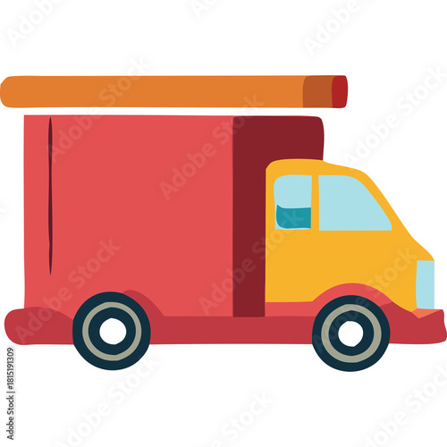 Red and yellow delivery truck with orange top and blue accents isolated on white background simple flat illustration