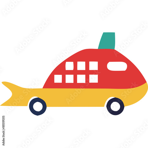 Red And Yellow Fish Shaped Vehicle With Teal Fin On Top And Yellow Tail In Front Of Transparent Background