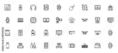 Technology icon set. Minimal line vector icons pack.Includes symbols for flopp disk, smartphone, laptop,drone, cloud computing, aumented reality, wifi and mre. Editable stroke.