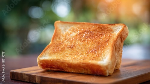 Golden sliced bread on wooden cutting board with warm natural lighting creating appetizing homemade breakfast scene